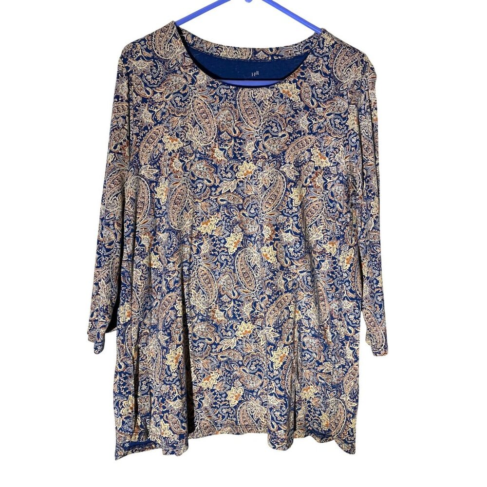 J. Jill Pima 3/4-Sleeve Scoop-Neck Tee Blue Paisley 100% Pima Cotton Size XL